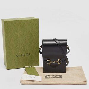 Auth. Gucci Horsebit 1955 Black Leather Crossbody Shoulder Bag Unisex 625615